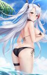  1girl absurdres ass azur_lane bangs bikini black_bikini black_neckwear black_ribbon blue_sky blush breasts choker eyebrows_visible_through_hair from_behind hair_ornament hair_ribbon highres in_water jyu-so large_breasts long_hair looking_at_viewer looking_back multicolored_hair outdoors parted_bangs parted_lips prinz_eugen_(azur_lane) red_eyes red_hair ribbon silver_hair sky solo standing streaked_hair swimsuit thigh_strap thighs two_side_up underboob wet 