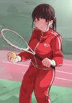  absurdres ball blush breasts brown_eyes brown_hair bulge highres holding holding_ball implied_futanari jacket jersey large_breasts long_hair looking_at_viewer outdoors painnico pants racket red_jacket red_pants standing tennis_ball tennis_racket track_jacket track_pants track_suit 