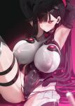  1girl armpits arms_up bare_shoulders black_hair black_leotard blue_archive blush breasts bright_pupils closed_mouth highleg highleg_leotard highres huge_breasts leotard long_hair looking_at_viewer red_eyes rio_(blue_archive) solo thigh_strap thighs white_pupils xiujia_yihuizi 