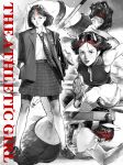  1girl absurdres alternate_costume badge bare_shoulders bike_shorts bike_shorts_under_skirt black_hair collared_shirt demon_horns english_text greyscale high-waist_skirt high_jump highres horns jacket jumping kijin_seija monochrome motion_lines multicolored_hair multiple_views necktie open_mouth r_birdy realistic red_hair running school_uniform shirt shoes skirt sleeveless solo sports_bikini sports_bra sports_panties spot_color suit_jacket sweat touhou track_and_field 