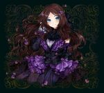  1girl absurdres ascot bare_shoulders black_ascot black_bow black_corset black_dress blue_eyes bow braid brooch brown_hair colored_eyelashes commentary corset detached_sleeves dress fate/grand_order fate_(series) frilled_sleeves frills grin hair_bow half_up_braid hand_up highres jewelry juliet_sleeves leonardo_da_vinci_(fate) leonardo_da_vinci_(fgo_fes._2025)_(fate) long_hair long_sleeves looking_at_viewer parted_bangs petals puffy_sleeves purple_dress smile solo sumisu_(rinsumi) symbol-only_commentary two-tone_dress very_long_hair 