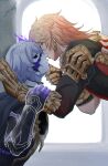  2boys absurdres back_tattoo black_cloak black_coat blonde_hair braid clawed_gauntlets cloak coat cracked_skin earrings flame_reaver_of_the_deepest_dark gold_earrings gold_necklace gradient_hair hair_between_eyes hand_on_another&#039;s_chin hashtag-only_commentary highres honkai:_star_rail honkai_(series) hood hood_down hooded_cloak jewelry male_focus medium_hair multicolored_hair multiple_boys mydei_(honkai:_star_rail) necklace open_clothes open_coat phainon_(honkai:_star_rail) red_hair red_tattoo side_braid tattoo white_hair yaoi yellow_eyes yugenseikai 