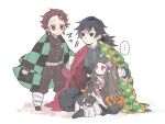  ... 1girl 2boys black_hair black_jacket brown_hair buttons demon_slayer_uniform full_body jacket japanese_clothes kamado_nezuko kamado_tanjirou kimetsu_no_yaiba kimono long_hair looking_at_another multiple_boys pink_kimono ponytail puffy_pants short_hair simple_background sitting spiked_hair spoken_ellipsis tomioka_giyuu tuduri white_background 