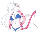  2021 5_fingers alpha_channel anthro blue_eyes breasts clothed clothing digital_media_(artwork) eyebrows eyelashes female fingers fish hair kittydee marine midriff navel non-mammal_breasts shark smile standing white_hair 