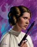  1girl brown_eyes brown_hair carrie_fisher double_bun dress gun hair_bun handgun highres holding holding_gun holding_weapon karol_cordero princess_leia realistic rebel_logo_(star_wars) signature solo star_wars star_wars:_a_new_hope teeth upper_body upper_teeth_only weapon white_dress 