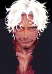  1boy alternate_hair_color amayado_rei beard_stubble black_background chromatic_aberration coat collared_shirt curtained_hair facial_hair film_grain fur_coat furrowed_brow green_eyes grey_eyes heterochromia highres hypnosis_mic looking_at_viewer male_focus mature_eyes mature_male messy_hair mustache_stubble nishino_(fetv8484) parted_bangs parted_hair portrait red_shirt scar scar_across_eye scar_on_face shirt short_hair simple_background smirk solo straight-on stubble wavy_hair white_hair 