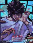  2boys apple bags_under_eyes black_eyes black_hair cake commentary cookie death_note eating english_commentary food fruit hand_up highres l_(death_note) licking_own_finger looking_at_another looking_at_viewer male_focus messy_hair mochi monitor multiple_boys outline painterly plate shirt short_hair smirk strawberry_shortcake sybbatra table tea television thumb_sucking upper_body white_outline white_shirt yagami_light 