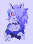  2021 3:4 4_fingers anthro black_claws blush canid canid_demon claws collar cute_fangs demon ear_piercing eyebrows fangs female fingers fur grey_body grey_fur grey_hair hair half-closed_eyes hellhound helluva_boss hi_res long_hair loona_(vivzmind) mammal multicolored_body multicolored_fur narrowed_eyes notched_ear pawpads piercing red_sclera revz0mbie solo spiked_collar spikes tongue tongue_out tuft white_body white_eyes white_fur 