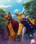  2020 anthro clothing duo forest fur hair hi_res jacket male mammal plant sky sparkittyart sparks star topwear tree yellow_eyes 
