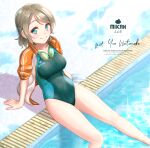 1girl blue_eyes breasts character_name commentary_request competition_swimsuit goggles goggles_around_neck green_swimsuit grey_hair highres jacket logo love_live! love_live!_sunshine!! medium_breasts one-piece_swimsuit orange_jacket poolside short_hair solo swimsuit toine track_suit watanabe_you water 