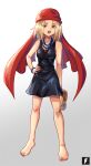  1girl bandana barefoot bead_necklace beads black_dress blonde_hair dress highres holding holding_sandals jewelry kyouyama_anna looking_at_viewer necklace red_bandana sandals shaman_king short_hair solo teeth teng_zhai_zi upper_teeth_only yellow_eyes 