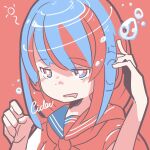  1girl blue_eyes blue_hair blue_sailor_collar bubble eyebrows_visible_through_hair hands_up haru57928031 headphones limited_palette long_hair multicolored multicolored_eyes neckerchief original portrait red_background red_eyes sailor_collar simple_background solo 