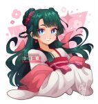  1girl blue_eyes blunt_bangs chinese_clothes commission cropped_torso earrings flower green_hair grin hair_ornament highres jewelry kusuriya_no_hitorigoto long_hair long_sleeves looking_at_viewer maomao_(kusuriya_no_hitorigoto) sandragh smile solo teeth upper_body wide_sleeves 