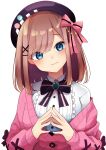  1girl :3 absurdres bangs beret blue_eyes bow breasts brooch brown_hair cardigan eyebrows_visible_through_hair hair_bow hair_ornament hat head_tilt highres jewelry long_sleeves looking_at_viewer medium_breasts medium_hair minato_yu nijisanji pink_cardigan simple_background smile solo suzuhara_lulu virtual_youtuber white_background x_hair_ornament 