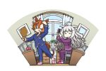  2girls ahoge animal_ears biwa_hayahide_(umamusume) brushing_hair crown day hamu_koutarou hand_mirror highres horse_ears horse_girl horse_tail mirror multiple_girls orange_hair sitting sleepwear t.m._opera_o_(umamusume) tail umamusume white_hair 