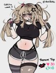  1girl :o absurdres artist_name asymmetrical_legwear black_choker black_gloves black_panties black_shirt black_shorts black_thighhighs blonde_hair blush body_freckles breasts butterfly_earrings choker commentary covered_groin cowboy_shot cropped_shirt curvy dokidomiki earrings english_commentary english_text fingerless_gloves fingernails freckles gauze gauze_on_cheek gauze_on_face glasses gloves grabbing_own_hair hair_ornament hair_tie hands_up highleg highleg_panties highres holding holding_own_hair jewelry large_breasts long_fingernails long_hair looking_at_viewer mismatched_legwear mole mole_on_stomach nail_polish navel necklace open_mouth original panties parted_bangs pink_eyes pink_nails raised_inner_eyebrows round_eyewear scar scar_on_stomach shirt short_shorts short_sleeves shorts simple_background solo star_(symbol) star_hair_ornament stomach striped_clothes striped_thighhighs sweat syringe_necklace talking thigh_freckles thighhighs torn_clothes torn_thighhighs twitter_strip_game twitter_username two_side_up underwear white_background wide_hips 