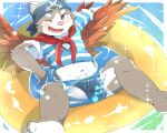  1boy animal_ears bandana barefoot blue_bandana blue_male_swimwear blush bulge cat_boy cat_ears claws commentary feathered_wings furry furry_male highres izuminmin049_(kemoizumi) looking_to_the_side male_focus male_swimwear navel neckerchief one_eye_closed open_mouth red_neckerchief sitri_(housamo) swim_ring tokyo_afterschool_summoners wings 