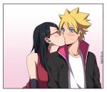  1boy 1girl artist_name bare_shoulders benteja black_eyes black_hair blonde_hair blue_eyes boruto:_naruto_next_generations boruto:_naruto_the_movie glasses holding_hands looking_at_another lying naruto naruto_(series) on_back simple_background uchiha_sarada uzumaki_boruto watermark whisker_markings whiskers white_background 