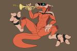  3:2 3_fingers 3_toes anthro biped brass_instrument butt digital_media_(artwork) featureless_crotch feet female fingers hi_res holding_object long_tail looking_back multicolored_body musical_instrument nude simple_background sitting solo spread_legs spreading synth_(vader-san) toes trumpet wind_instrument xxsnake_spiderxx 