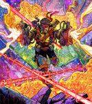  1boy abstract_background architecture belt black_hair bodysuit building burning burning_building city cityscape colorful_background destruction dynamic_pose energy_beam energy_gun facial_hair fire firing firing_at_viewer forge_(x-men) full_body glint gloves gun gun_on_back headband holding holding_gun holding_ray_gun holding_weapon holster loose_belt marvel marvel_snap muscular mustache official_art ray_gun red_headband running running_towards_viewer science_fiction sculpture shiny_skin sky skyline solo solo_focus sparkle star_(sky) starry_sky teeth thick_eyebrows thigh_holster two-tone_bodysuit vinartwork weapon weapon_on_back western_comics_(style) wreckage x-men yellow_bodysuit 