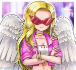  1girl angel angel_wings blonde_hair blurry blurry_background border bracelet breasts choker cleavage collarbone commentary_request crop_top cropped_jacket crossed_arms dragon_quest dragon_quest_x earrings feathered_wings glasses gold_bracelet gold_choker gold_earrings highres hoop_earrings jacket jewelry long_hair medium_breasts mitra_(dq10) moyapippi multiple_bracelets navel opaque_glasses parted_hair pink_jacket red-tinted_eyewear rimless_eyewear shirt smile solo tinted_eyewear upper_body white_border white_shirt white_wings wings 