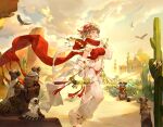  1girl bandeau barefoot bird blonde_hair cactus desert detached_sleeves eagle earrings game_cg harem_outfit harem_pants inanna_of_convallaria jewelry meerkat midriff non-web_source official_alternate_costume official_art outstretched_arm outstretched_hand panties pants red_panties red_scarf scarf see-through_clothes short_hair single_detached_sleeve solo sword_of_convallaria tassel underwear yellow_eyes 