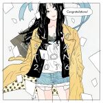  1girl 2016 black_hair blue_shorts congratulations cowboy_shot illustration.media jacket katorei long_hair looking_at_viewer original paper shirt shorts signature smile solo speech_bubble white_shirt yellow_jacket 