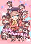  &gt;_&lt; 1girl :3 :d bangs beret black_legwear blue_eyes blush_stickers bow brooch brown_hair cardigan cat eyebrows_visible_through_hair hair_ornament hat hat_bow hat_pin highres jewelry medium_hair nijisanji open_mouth pink_cardigan pongari skirt smile suzuhara_lulu virtual_youtuber x_hair_ornament xd 