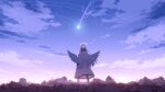  1girl aqua_hair blue_archive dress gradient_sky halo highres landscape long_dress meteor mine_(blue_archive) night night_sky outdoors remedial_knights_(blue_archive) ruins sky star_(sky) starry_sky wings yuma_(lyq_yume) 