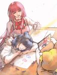  2girls ^_^ absurdres animal argyle_clothes argyle_dress arm_on_table arms_on_table artist_self-insert black_hair bloom_poetry_(shining_nikki) blunt_bangs bow bowtie cat cellphone child&#039;s_drawing cloak closed_eyes clothed_animal clothes_writing collared_shirt colored_pencil drawing_(action) drawing_(object) dress ear_covers eyelashes faceless faceless_female frilled_shirt_collar frilled_sleeves frills hair_bun hair_over_eyes hand_on_another&#039;s_shoulder happy head_on_table high_collar highres holding holding_pencil holding_phone hood hood_up hooded_cloak leaf light_particles light_rays lipstick long_hair long_sidelocks long_sleeves makeup momo_(nikki) multiple_girls nikki_(nikki) nikki_(series) oc_x_canon open_mouth original outline paper pencil phone pinafore_dress pink_dress pink_hair pink_lips qingxu recording red_bow red_bowtie shining_nikki shirt short_sleeves sidelocks simple_background single_hair_bun sleeveless sleeveless_dress sleeves_past_wrists smartphone smile straight_hair sunlight table teeth upper_body very_long_hair white_background white_cat white_outline white_shirt yellow_cloak yuri 