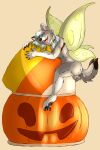  2:3 anthro balls candy candy_corn canid canine canis dante_kinkade dessert fairy food genitals halloween happy hi_res holidays hug insect_wings jack-o&#039;-lantern jay_lee_san male mammal smile solo wings wolf 
