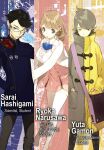  1girl 2boys :o black_gloves black_hair black_pants blue_jacket breasts brown_coat brown_eyes brown_hair brown_jacket brown_pants buttons character_name coat double-breasted gamon_yuuta glasses gloves green_eyes green_hair hair_ornament hairclip hand_in_pocket hands_in_pockets hashigami_sarai heart heart_hair_ornament highres huge_breasts impossible_clothes jacket miniskirt multicolored_coat multicolored_gloves multiple_boys narusawa_ryouka non-web_source occultic;nine official_art open_mouth pako_(pakosun) pants pink_bags pink_skirt red_gloves science_adventure short_hair skirt standing thighhighs white_thighhighs yellow_coat 