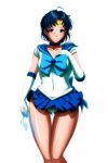  1girl back_bow bishoujo_senshi_sailor_moon blue_bow blue_choker blue_eyes blue_hair blue_sailor_collar blue_skirt bow breasts choker circlet closed_mouth commentary cowboy_shot earrings elbow_gloves gloves grimbyslayer hand_on_own_chest hand_up highres jewelry leotard leotard_peek light_smile looking_at_viewer magical_girl medium_breasts miniskirt mizuno_ami parted_bangs pleated_skirt sailor_collar sailor_mercury sailor_senshi_uniform short_hair simple_background skirt solo standing thigh_gap transparent_background water white_gloves white_leotard 