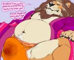  2021 anthro balls beard belly_tuft black_nipples black_nose bodily_fluids bulge chubby_male clothing dewlap_(anatomy) dialogue digital_drawing_(artwork) digital_media_(artwork) english_text facial_hair felid flaccid fur genital_fluids genitals jowls koorivlf lion male mammal mane mature_male mostly_nude navel nipples orange_body orange_fur pantherine penis precum precum_through_clothing robe simple_background slightly_chubby solo solo_focus tan_body tan_fur text tuft underwear wet wet_clothing 