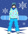  1girl aqua_headwear bangs black_hair blue_pants full_body gloves goggles goggles_on_head highres hood hood_down jacket long_hair looking_at_viewer nobile1031 open_mouth original outline pants print_jacket shoes smile snowboard snowflakes solo standing white_footwear white_gloves white_outline yellow_eyes 