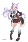  1girl absurdres aiguillette animal_ears aqua_shirt aqua_socks artist_name asymmetrical_shirt black_boots black_coat black_skirt blue_bow blue_bowtie boots bow bowtie bright_pupils buttons coat collar commentary_request ear_bow floating_hair frilled_collar frilled_sleeves frills full_body hands_on_own_hips happy highres horse_ears horse_girl horse_tail huamu1314 kneehighs knees lace-up_boots long_hair long_sidelocks long_sleeves looking_at_viewer mejiro_mcqueen_(umamusume) midriff miniskirt navel open_clothes open_coat pleated_skirt purple_eyes purple_hair shirt sidelocks simple_background skirt sleeves_past_wrists socks solo standing striped_clothes striped_shirt tail two-tone_shirt umamusume very_long_hair white_background white_pupils white_shirt 