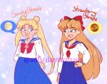  2girls aino_minako bishoujo_senshi_sailor_moon blonde_hair blue_eyes bow bowtie braces brooch double_bun earrings hair_bow hair_bun highres jewelry juuban_middle_school_uniform lips long_hair looking_at_another moon multiple_girls neckerchief parted_bangs red_bow red_bowtie sailor_collar school_uniform serafuku shiba_koen_middle_school_uniform smile soft_daydreams stud_earrings swept_bangs tsukino_usagi twintails venus_(planet) very_long_hair 