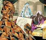  1boy 2girls armor closed_eyes drenched-in-sunlight elden_ring elden_ring_nightreign executor_(elden_ring) indoors long_hair lying multiple_girls nose_picking on_side recluse_(elden_ring) revenant_(elden_ring) sketchbook white_hair 