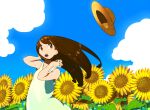  1girl bangs blue_sky brown_eyes brown_hair cloud cloudy_sky dress flower hands_up leaf long_hair nobile1031 open_mouth original plant shadow sky solo sunflower upper_body white_dress yellow_flower 