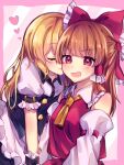  2girls asanagi_ron bangs bare_shoulders belt blonde_hair blush bow brown_eyes brown_hair cheek_kiss closed_eyes commentary detached_sleeves hair_bow hair_tubes hakurei_reimu heart highres kirisame_marisa kiss kiss_day long_sleeves multiple_girls open_mouth puffy_short_sleeves puffy_sleeves red_bow short_sleeves touhou yellow_neckwear yuri 