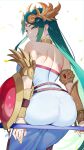  1girl absurdres ancient_greek_clothes armlet artist_name ass back bare_shoulders breasts chiton circlet closed_mouth dress forehead_jewel from_behind gold greco-roman_clothes green_eyes green_hair highres holding holding_staff jewelry kid_icarus kid_icarus_uprising long_hair looking_at_viewer median_furrow neck_ring palutena parted_bangs shield shoulder_blades signature simple_background smile solo staff strapless strapless_dress super_smash_bros. tiara vambraces very_long_hair white_background white_dress yasaikakiage 