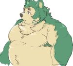  2021 anthro black_nose blush canid canine canis domestic_dog exe_exem fur green_body green_fur kemono live-a-hero male mammal mokdai overweight overweight_anthro overweight_male simple_background solo video_games white_background 