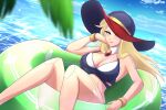  1girl alternate_costume android armor axasempai berkana_(mega_man) bikini blonde_hair blue_eyes blue_sky bracelet breastplate breasts capcom chest_jewel choker_jewel hair_over_shoulder hand_on_own_face hat hat_over_one_eye headphones highres jewelry joints large_breasts light_blush light_smile long_hair mega_man_(series) mega_man_x_(series) mega_man_xtreme_2 ocean palm_tree pool_float purple_bikini purple_hat red_lips resting robot robot_girl robot_joints sideboob sidelocks sky solo swimsuit tree witch 