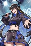  1girl :d absurdres altean asymmetrical_horns belt black_belt black_hair black_jacket black_skirt blue_hair blue_shirt breasts colored_inner_hair commentary concert cropped_jacket cropped_shirt english_commentary flower flower_knot hair_ornament hand_up highres holding holding_microphone hololive hololive_english hololive_idol_uniform_(color_rise) horn_flower horns idol_clothes jacket large_breasts long_hair microphone midriff miniskirt mole mole_under_eye multicolored_hair music nail_polish navel nerissa_ravencroft official_alternate_costume open_hand open_mouth pleated_skirt purple_eyes purple_nails reaching reaching_towards_viewer shirt sidelocks singing skirt slit_pupils smile solo straight_hair tassel tassel_hair_ornament teeth uneven_horns upper_teeth_only very_long_hair virtual_youtuber 