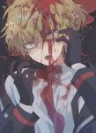  1boy bad_id bad_twitter_id black_coat black_gloves blonde_hair blood blood_in_hair blood_on_clothes blood_on_face coat collared_shirt gloves hands_up highres inactive_account korean_commentary limbus_company male_focus maratang necktie open_mouth pool_of_blood project_moon red_necktie rolling_eyes shirt short_hair sinclair_(project_moon) suspenders sweat trembling upper_body white_shirt yellow_eyes 