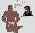 anthro athletic clothed clothing dialogue duo echo_(game) echo_(series) echo_project english_text flynn_moore gila_monster helodermatid hi_res lizard male mammal mustelid otter ozzyishere3 panties reptile river_otter scalie shirt sweatband sydney_bronson tank_top text topwear underwear underwear_only