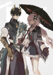  1boy 1girl absurdres asymmetrical_clothes black_dress black_eyes black_gloves black_pants c62201p closed_mouth cowboy_shot dan_heng_(honkai:_star_rail) dan_heng_(permansor_terrae)_(honkai:_star_rail) dragon_boy dragon_horn dragon_tail dress empty_eyes evernight_(honkai:_star_rail) gloves highres holding holding_umbrella honkai:_star_rail honkai_(series) long_hair looking_at_viewer march_7th_(honkai:_star_rail) official_art pants pink_hair ponytail red_eyes sketch smile tail umbrella yellow_eyes 