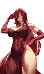  abs absurdres borrowed_character breasts cleavage commission covered_navel dethmaid dress elbow_gloves from_below gloves hair_ornament highres large_breasts looking_down muscular muscular_female obliques original red_dress red_gloves second-party_source side_slit x_hair_ornament 