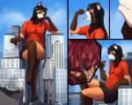 2021 absurd_res black_clothing bottomwear city clothing destruction female fur hi_res macro mammal micro open_mouth red_clothing shirt shorts son2j topwear vore 