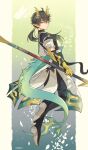  1boy absurdres ahoge artist_name black_hair black_pants black_shirt black_shoes claupusa_p closed_mouth dan_heng_(honkai:_star_rail) dan_heng_(permansor_terrae)_(honkai:_star_rail) dragon_boy dragon_horn full_body gloves gradient_hair hair_between_eyes highres honkai:_star_rail honkai_(series) looking_at_viewer male_focus multicolored_hair pants ponytail shirt shoes smile solo turning_head yellow_gloves 